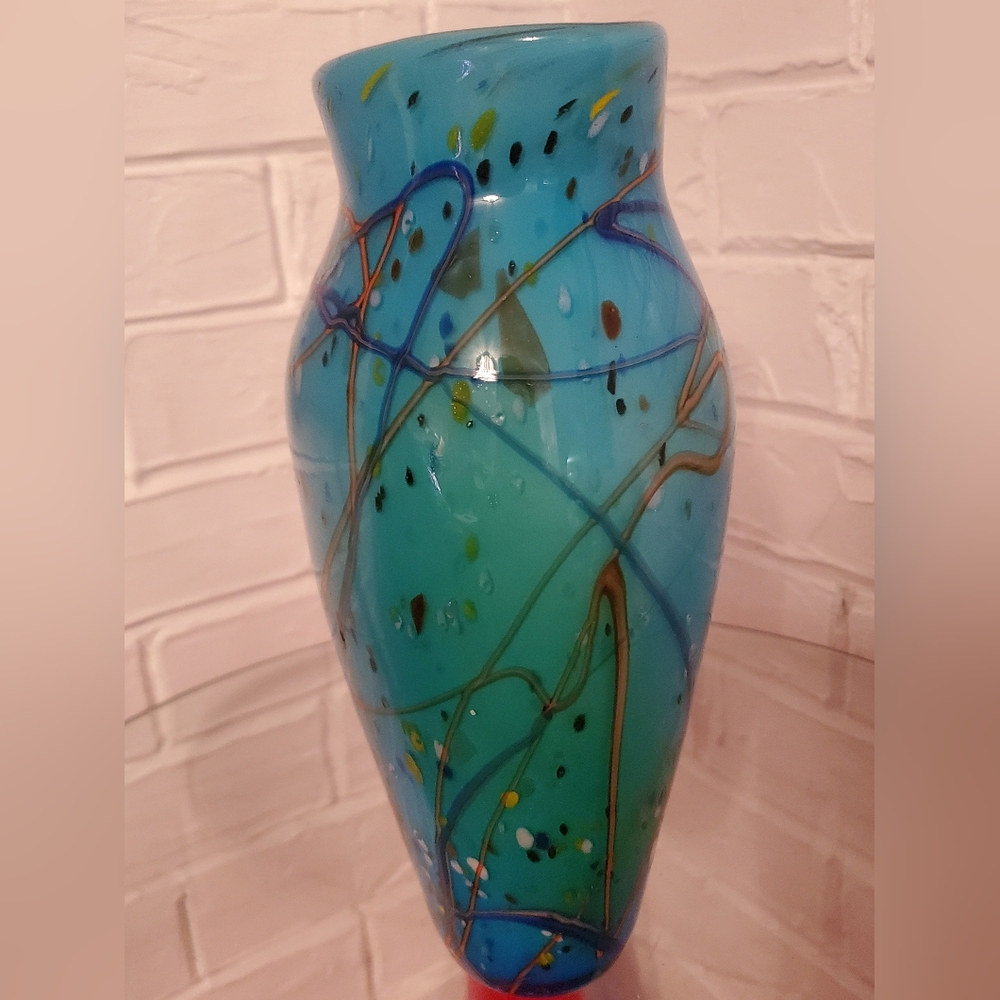 Postmodern Vintage 90s hand blow Studio Art Glass aque blue abstract vase - Picture 7 of 16